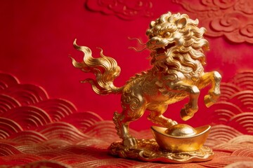 Fototapeta premium Golden Lion dancing standing on gold ingot base, red background, embossed wave patterns, elegant composition