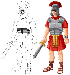 Fototapeta premium Ancient Roman Soldier Vector Illustration with Line Art and Colored Version