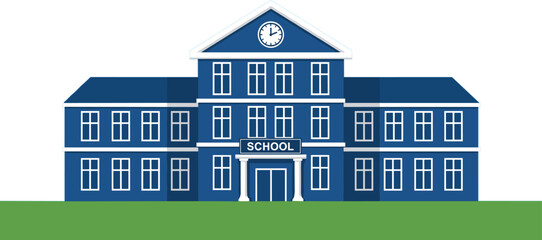 Obraz premium Blue flat vector illustration of a classic school building or university campus with a clock tower and columns