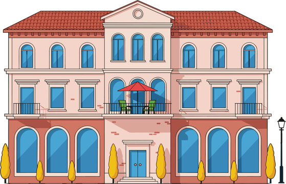 Elegant classic European vector illustration of a luxury boutique hotel or residential apartment building with balconies and street lamp