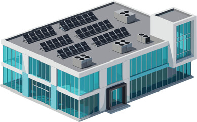 Modern isometric vector illustration of a sustainable commercial office building featuring rooftop solar panels and glass window facade