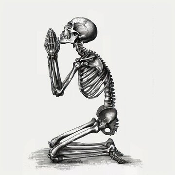Skeleton praying in grayscale illustration