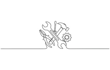 One mechanical wrench for nuts drawn in one continuous line drawing.