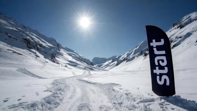 Snowy mountain road with start flag at sunny winter trailhead