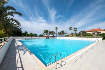 Fototapeta premium Serene resort pool with palm trees and sunny blue sky