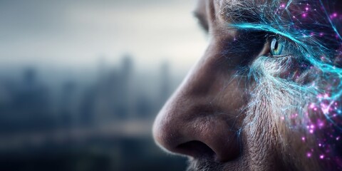 Obraz premium Close-up of a man's face with glowing digital connections around his eye and temple
