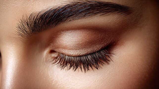 Close-up macro shot of a woman's closed eye with perfect makeup and long lashes