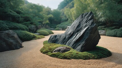Serene Japanese Garden Landscape with Large Rock Surrounded by Lush Greenery and Raked Sand Patterns in Peaceful Nature Setting