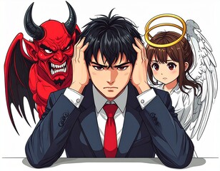 悩むビジネスマンと天使と悪魔