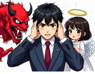 悩むビジネスマンと天使と悪魔