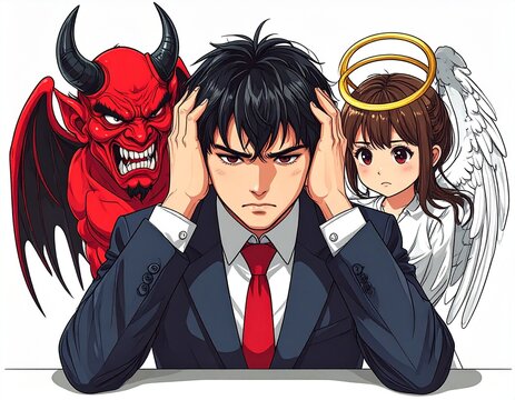 悩むビジネスマンと天使と悪魔
