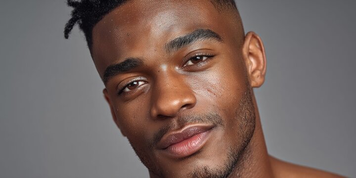 Close-up portrait of a young Black man with a confident expression and stylish haircut