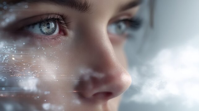 Close-up of a woman's eye with digital circuit overlay and glowing particles