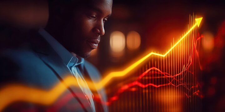 Man in suit looking at upward trending stock market graph with glowing lines