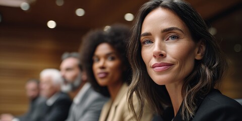 Obraz premium Diverse group of professionals in a meeting, focusing on a confident woman in the foreground