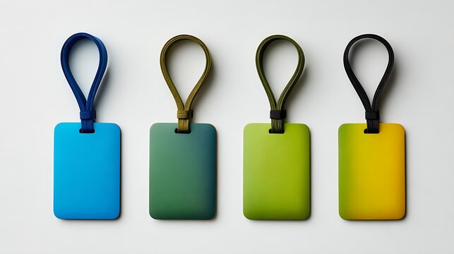 Four colorful luggage tags with wrist loops rest on a light surface.