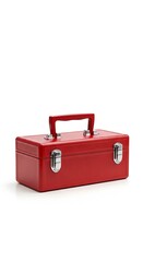 A red metal toolbox with a handle and silver latches