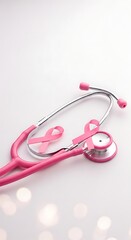 A pink stethoscope with a pink ribbon on a white background