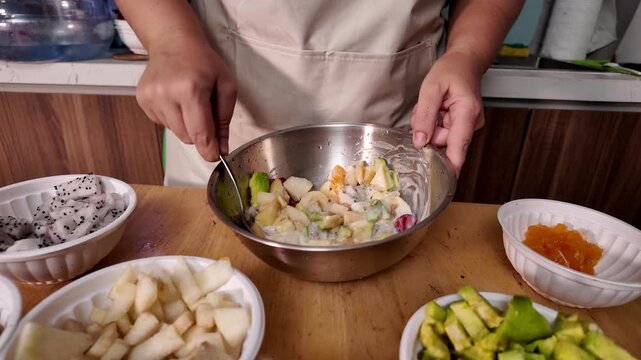 Woman has added cream dressing to a fruit salad and is mixing all the ingredients in a metal bowl