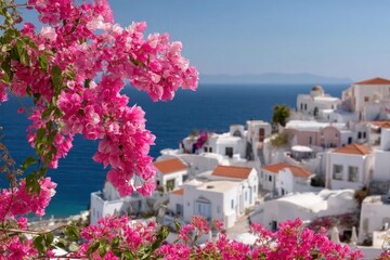 Fototapeta premium Greek-style buildings and blue ocean view mediterranean vibrant summer.