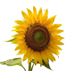 Obraz premium A large, bright yellow sunflower with green leaves on a white background