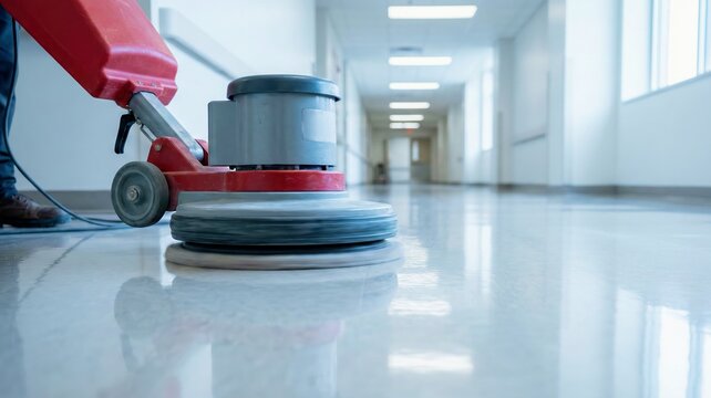 A professional cleaner operates a floor buffer to polish and maintain a shiny, clean hallway in a modern hospital or office building.
