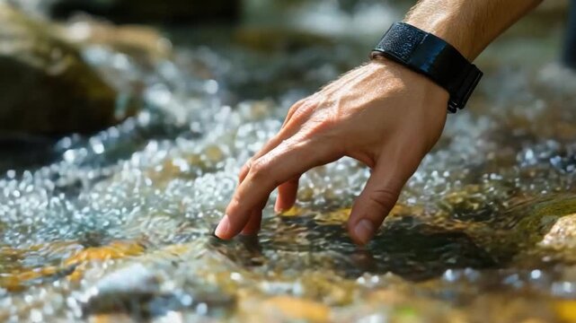 Human Hand in Creek person's hand delicately touches the cool, clear water of a babbling creek, evoking a sense of calm connection with nature's essence. 