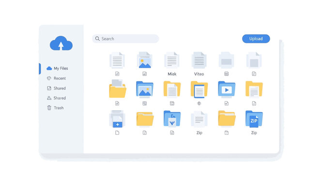 Cloud based file storage and management interface with icons and upload button