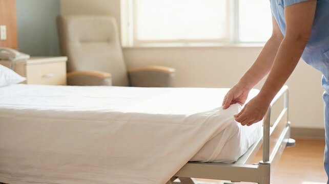 A healthcare worker in blue scrubs makes a hospital bed with fresh white linens, ensuring a clean and hygienic environment for patients.