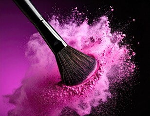 Makeup brush in mid-air, creating pink powder explosion against black
