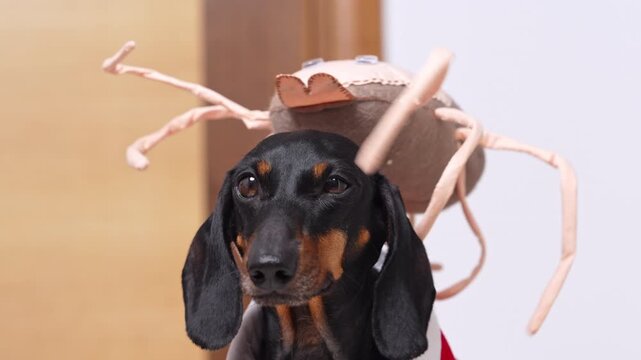 Closeup of black and tan dachshund wearing oversized tick prop with long legs on its head, wide worried eyes and droopy ears, indoor neutral background, concept of parasite attack and infestation