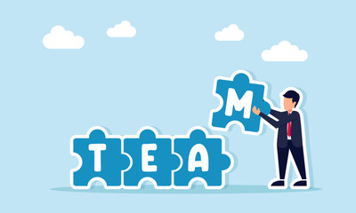 Fototapeta premium Businessman Arranging Puzzle with Team Text Illustration of Building and Designing a Professional Business Team