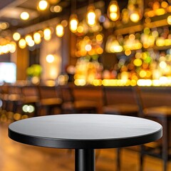 Round table in focus with blurred bar in the warm background
