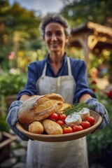 Fototapeta premium Woman in apron holding a wooden platter with fresh bread, tomatoes, and cheese
