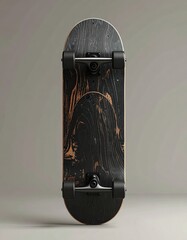 Overhead shot of a complete skateboard with black and wood tones