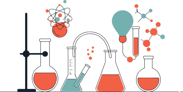 Laboratory Science Experiment With Beakers Flasks Molecules White Background