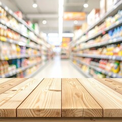 Wooden surface in focus; shelves of products blurred in supermarket aisle