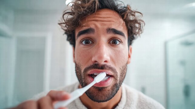A man brushes his teeth in the bathroom with a surprised expression.