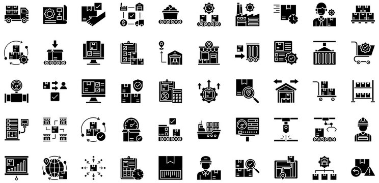 Manufacturing and Distribution icons collection. Vector illustration.Logistics, Project, Receiving, Supply chain management, Raw materials, Manufacturing Pro Vector	
