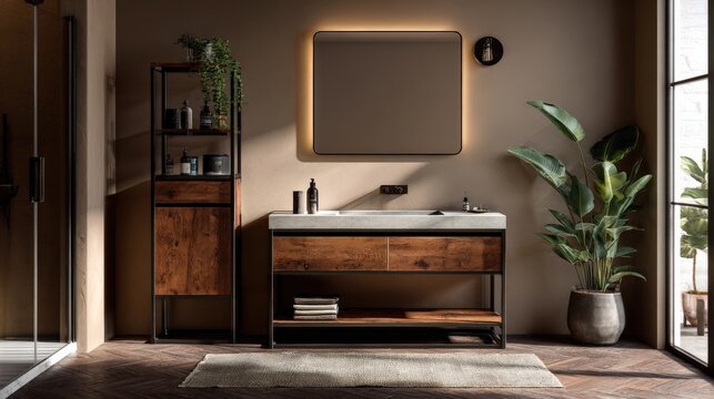 Modern brown bathroom vanity with LED strip, mirror and sink