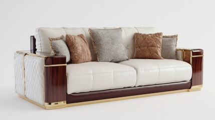 Fototapeta premium Luxury cream and brown leather modular sofa with wood and gold accents