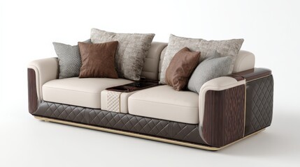 Fototapeta premium Luxury cream and brown leather modular sofa with wood and gold accents