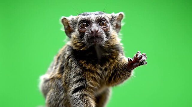 A small brown and black monkey with big eyes looks directly at the camera, raising its paw against a vibrant green background.