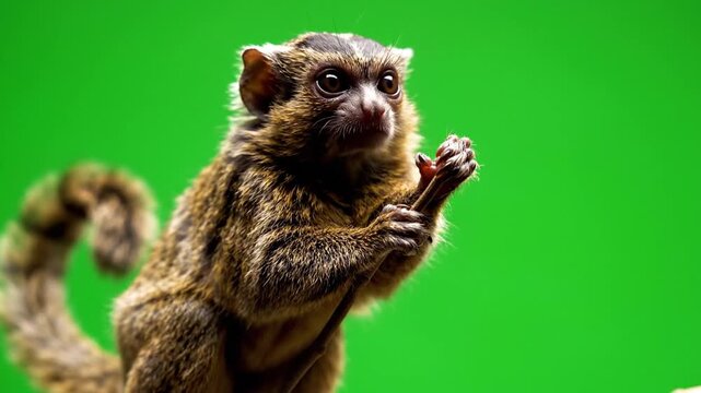 A small brown and white monkey with a long tail holding its hands together against a vibrant green background.