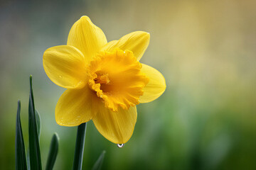 Fototapeta premium Yellow daffodil flower with dew drops on a green background