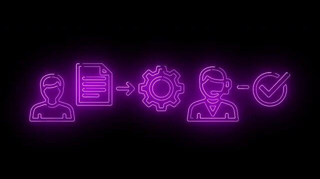 Neon purple icons depicting a business workflow process on a black background with a checkmark.