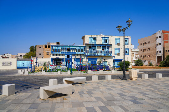 The blue-shuttered "House of Generosity" in the historic Al-Balad district of Yanbu, Saudi Arabia