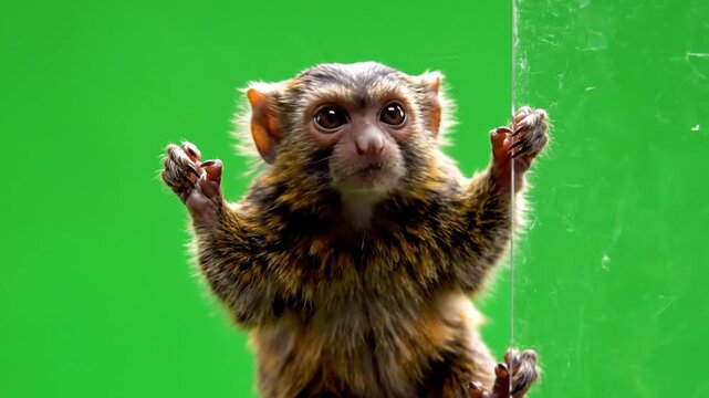 A small, furry monkey with big eyes and brown fur is looking directly at the camera, holding onto a clear surface with a vibrant green background.