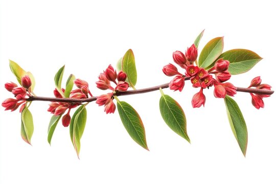 Red flowers branch leaves leaf blossoms.