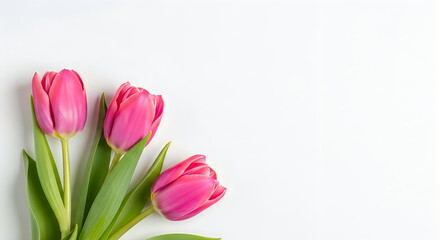 Fototapeta premium Pink tulips on white background with green leaves floral arrangement